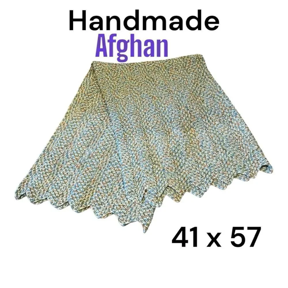 Afghan handmade Throw Blanket earth colors green tan cream 41 x 57 grannycore
